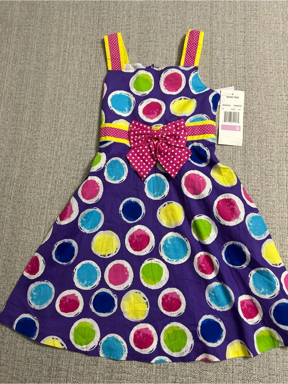 Rare,Too Purple Polka Dot Bow Sundress with Bright Multi Dots. Cotton Size 6 NWT
